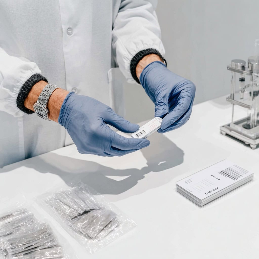 Personne avec des gants dans un laboratoire